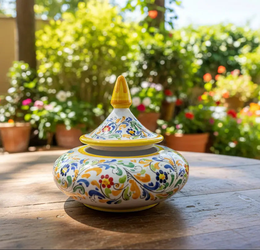 Decorative ceramic jewelry box with colorful floral patterns 