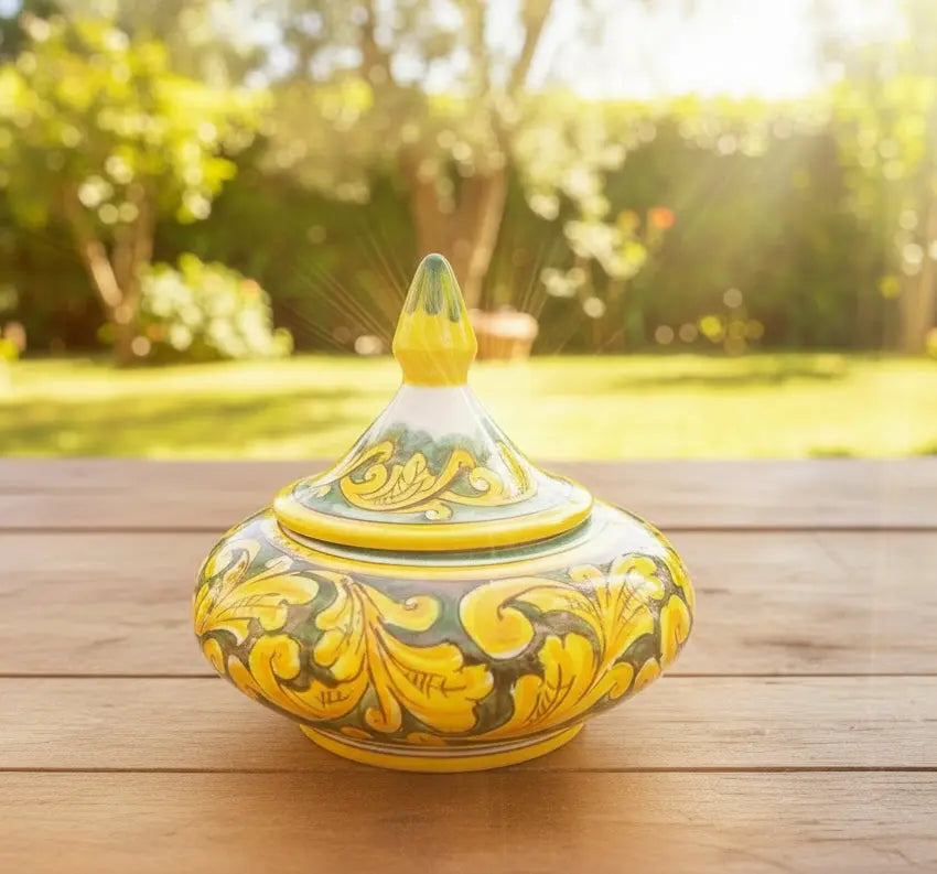 Decorative ceramic jewelry box with yellow and green patterns 