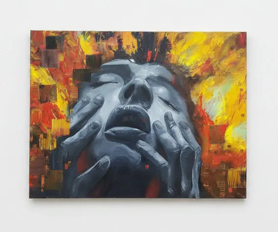 Abstract painting of a face and hands on a brick wall with greenery.