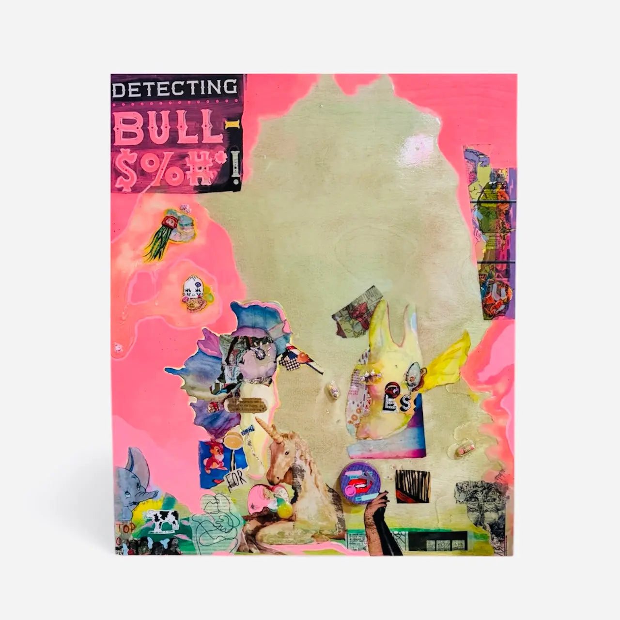 Collage art piece with colorful elements and text on a pink background