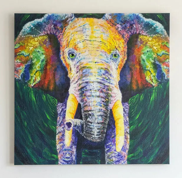 Colorful painting of an elephant with a abstract background