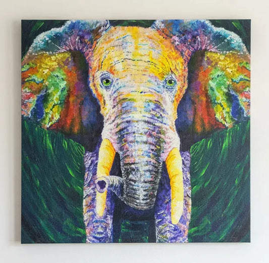 Colorful painting of an elephant with a abstract background