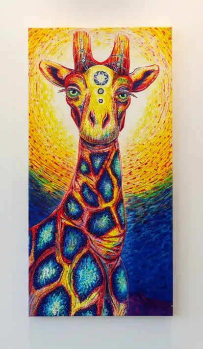 Colorful abstract painting of a giraffe on a blue wall