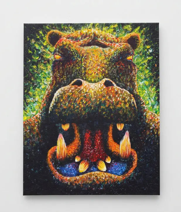 Colorful painting of a hippo on a blue wall