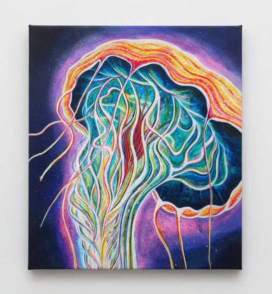 Colorful abstract painting of a jellyfish  on a textured surface