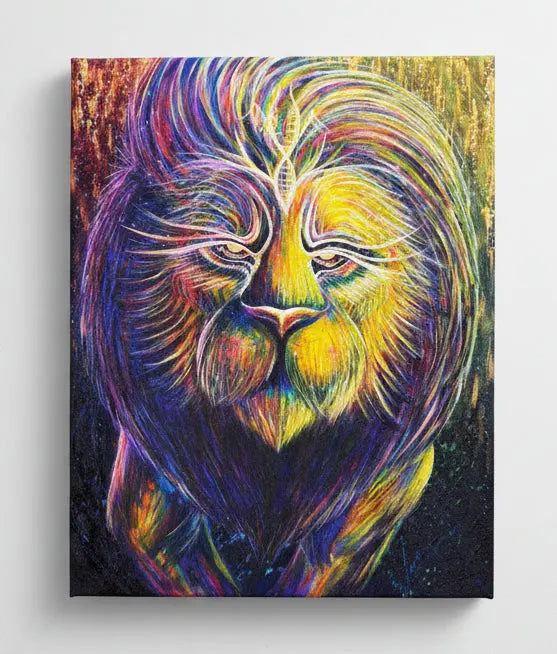 Colorful lion painting on a textured surface