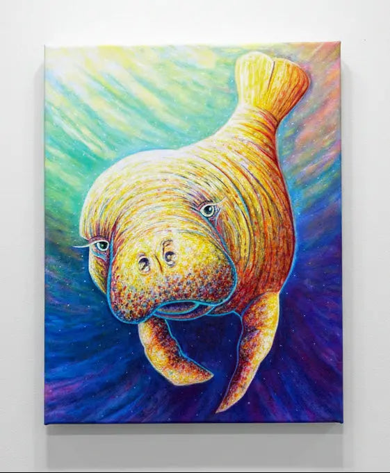 Colorful painting of a manatee on a textured surface