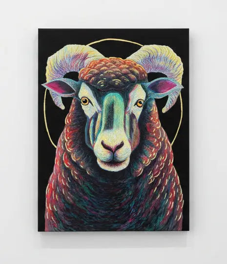 Colorful painting of a ram on a white wall