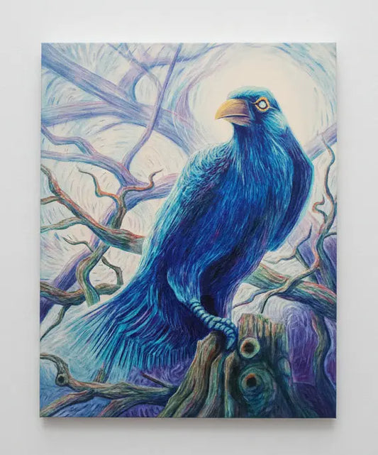 Colorful painting of a raven on a textured surface