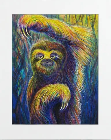 Colorful artwork of a sloth on a blue surface
