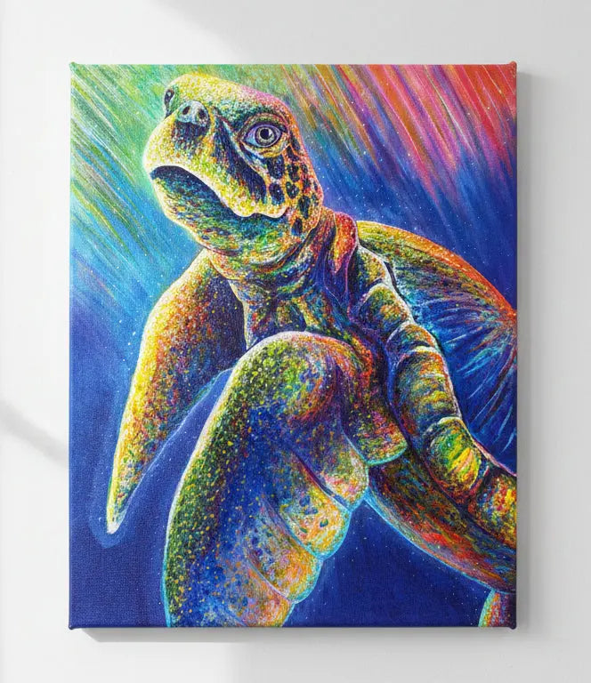 Colorful painting of a sea turtle on a textured surface
