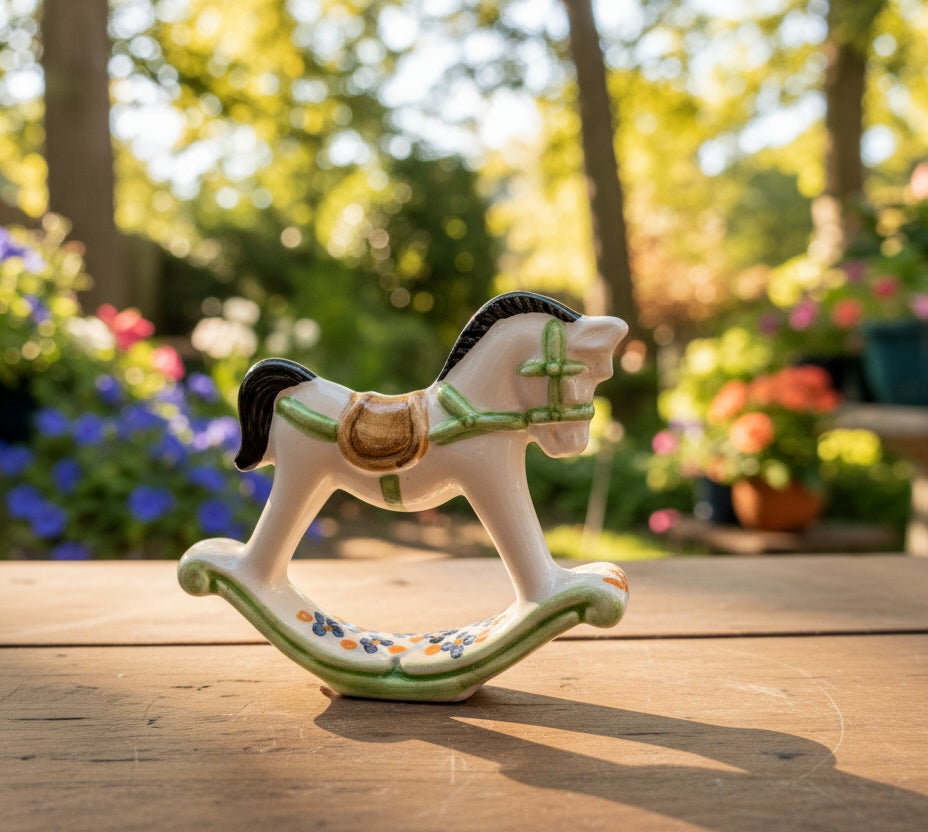 Small ceramic rocking horse figurine with green harness