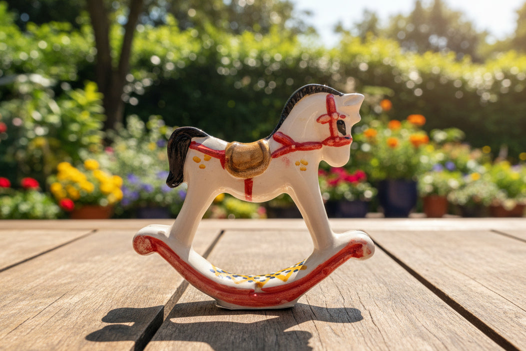 Decorative rocking horse figurine with red bridle 