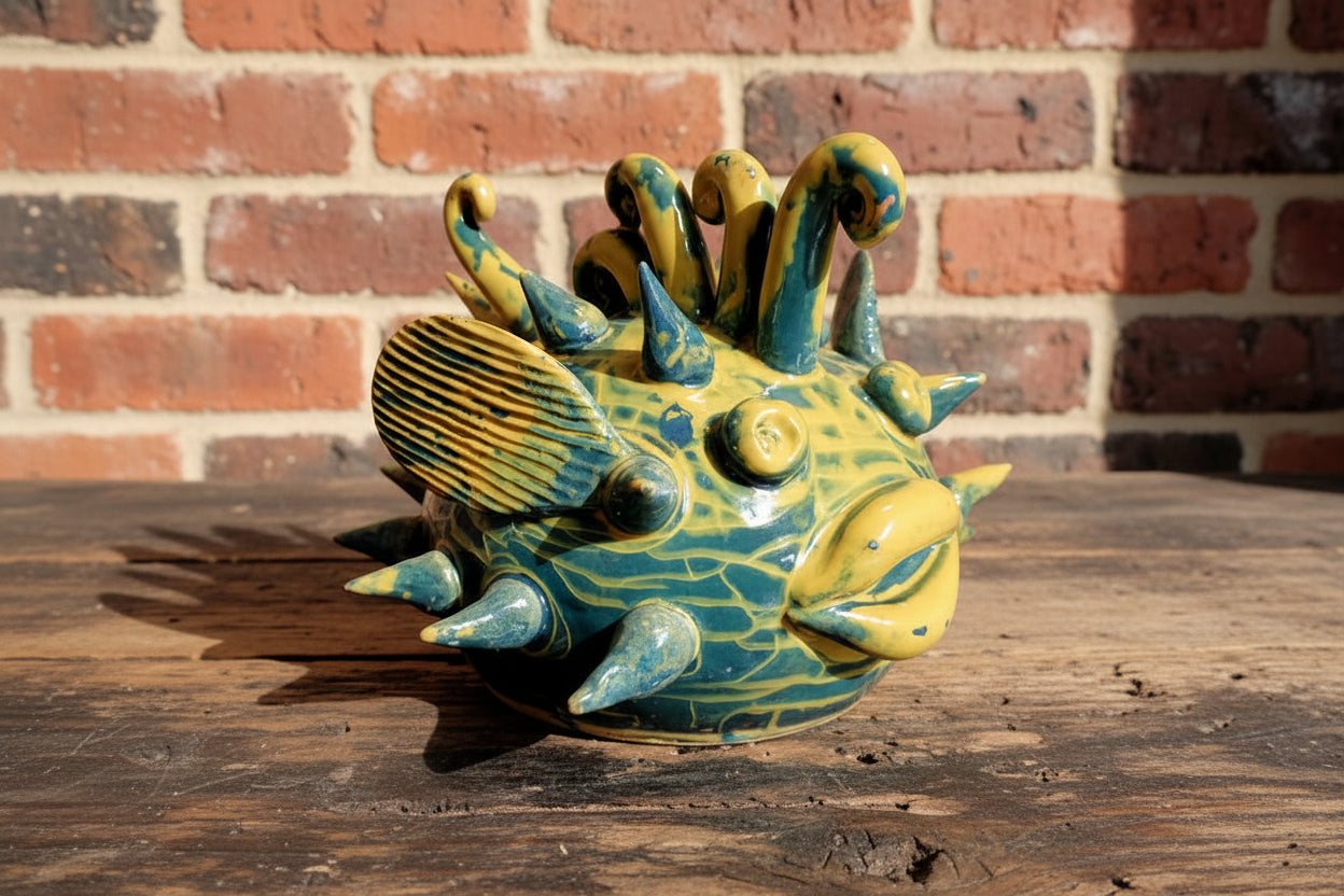 Ceramic yellow and green fish figurine 