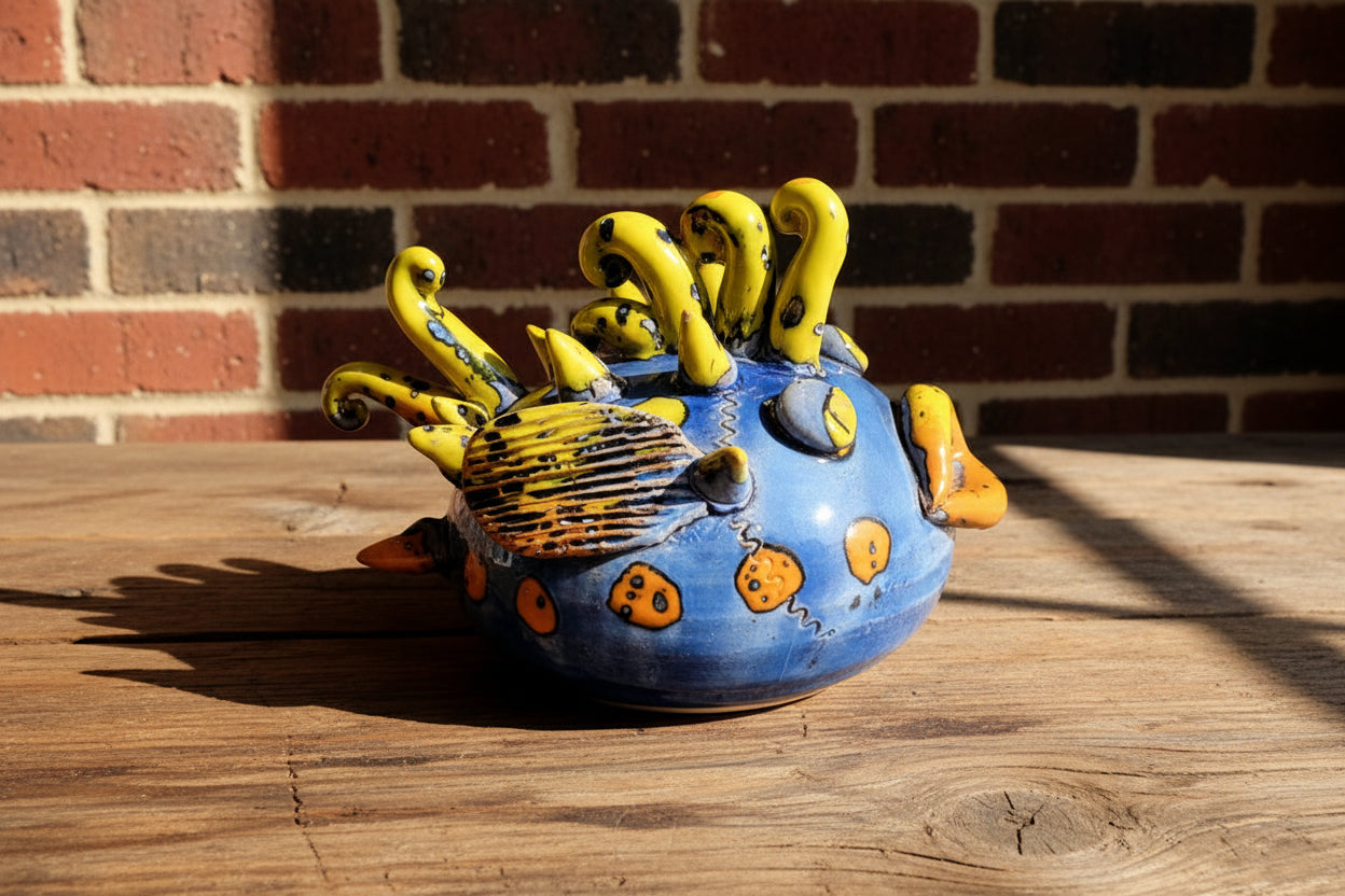Ceramic yellow and blue fish figurine 
