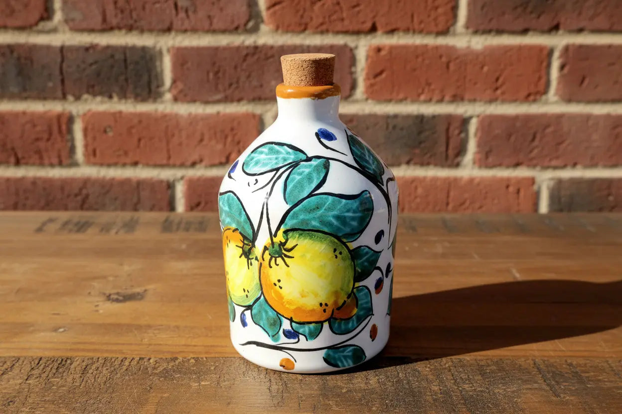 Ceramic vase / oil bottle with colorful lemon design 