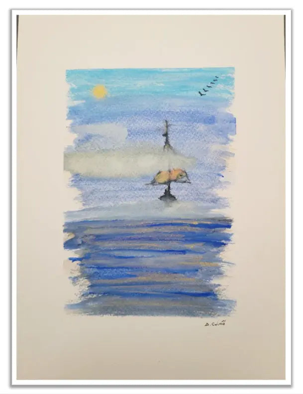 Artistic depiction of a sailboat on water with a stylized sky and sun.