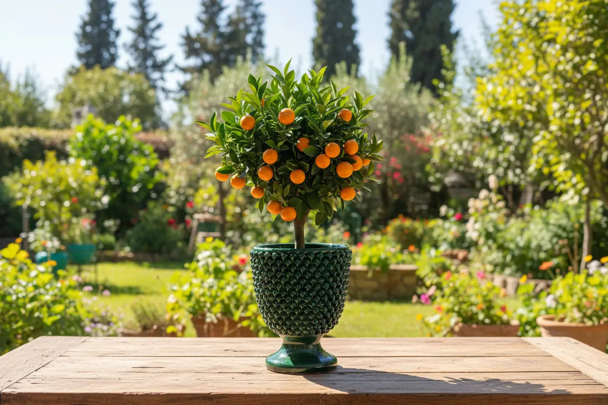 Green textured vase with pinecone base