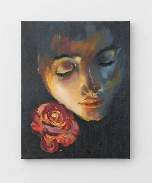 Artistic depiction of a face with a rose on a white background