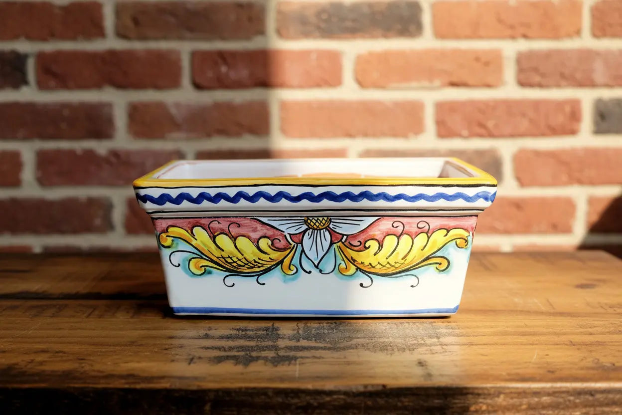 Decorative ceramic rectangular planter with colorful patterns 