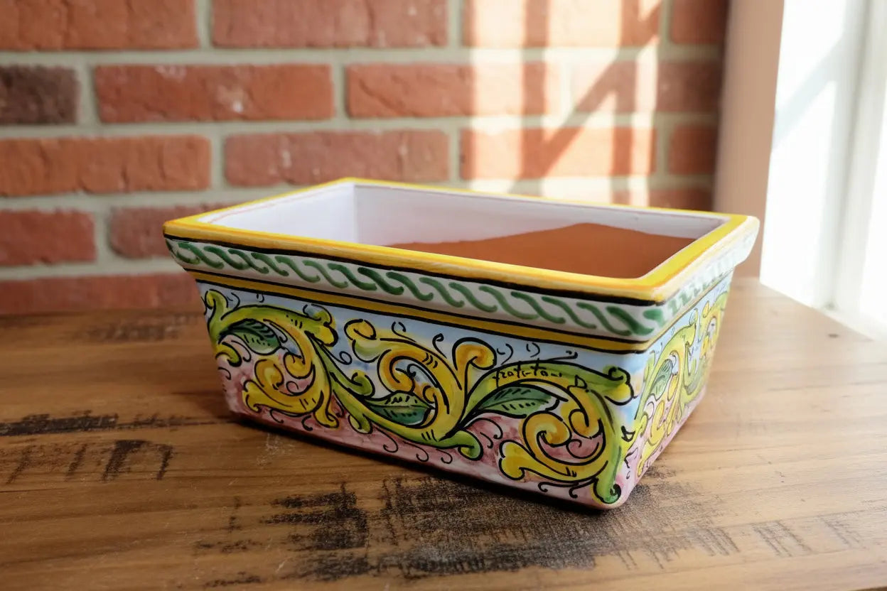 Decorative ceramic rectangular planter with floral patterns
