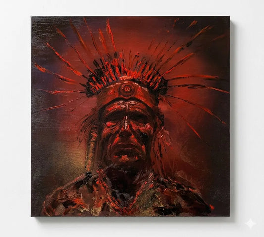 Artistic depiction of an Indian with a red headdress on a dark background