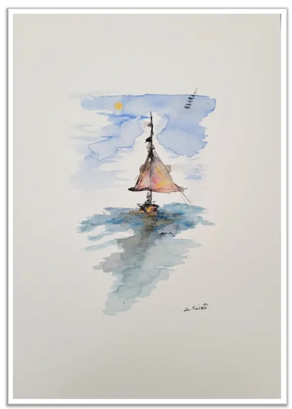 Watercolor painting of a sailboat on a light gray background