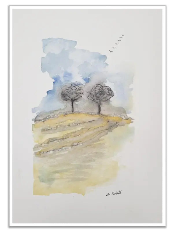 Artistic depiction of a landscape with trees and watercolor effects on a white background