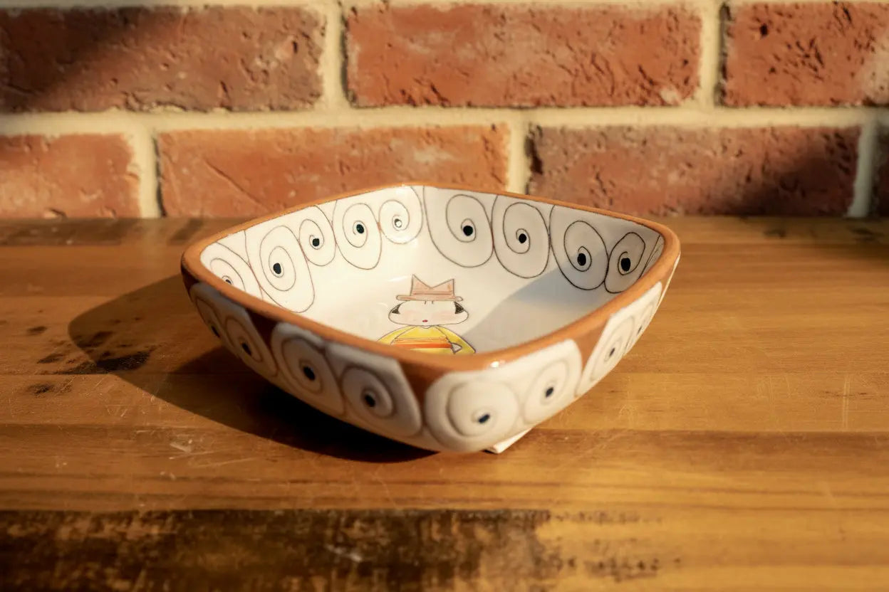 Azimut - Square Bowls - Boy with Mushroom  L5 3/4" | 14 oz Pink Raven Art Gallery