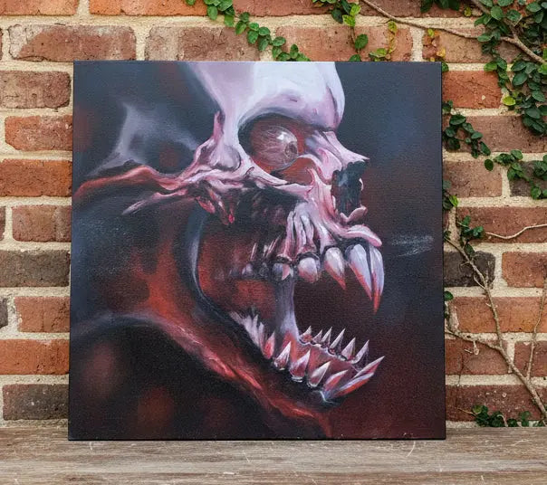 Painting of a monstrous creature with sharp teeth and glowing red eyes on a dark background.