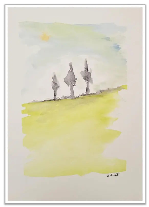 Abstract watercolor painting with yellow and gray elements on a white background