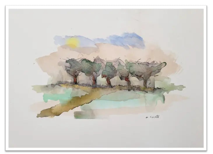 Watercolor landscape with trees and a sun, on a white background