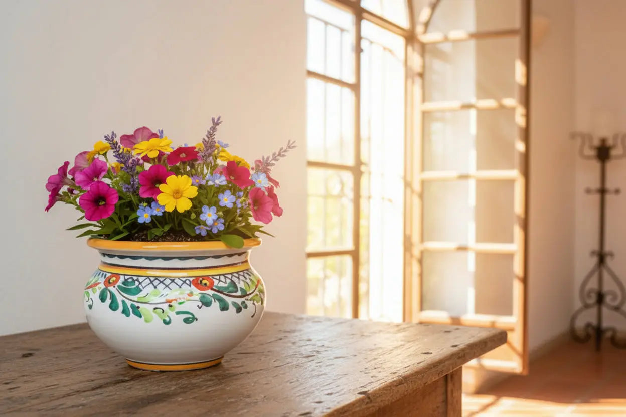Decorative ceramic pot / planter / vase with flowers 