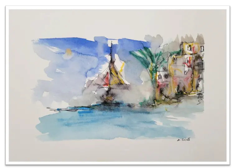 Abstract watercolor painting of a coastal scene with buildings and water.