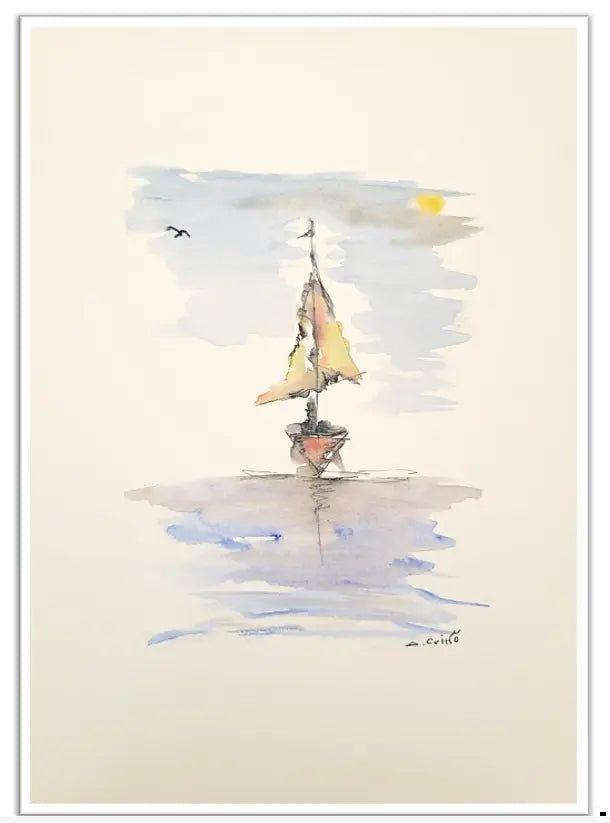 Sailboat with a yellow sail on a watercolor background