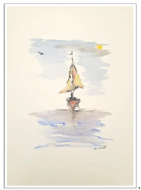 Sailboat with a yellow sail on a watercolor background
