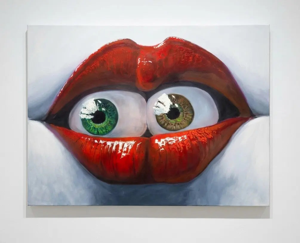Artistic depiction of red lips with green and brown eyes on a white background