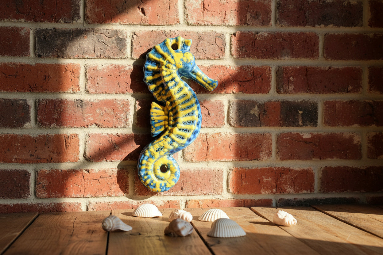 Decorative ceramic seahorse yellow and blue